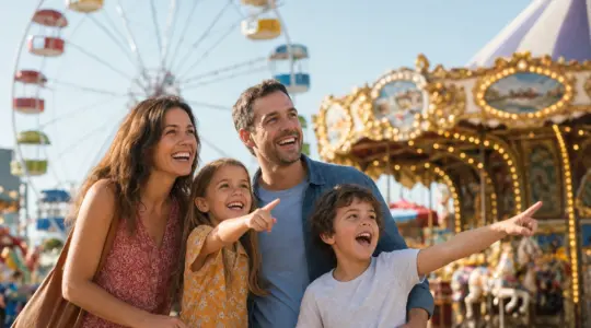 Familie mit Kindern im Freizeitpark vor Riesenrad und Karussell