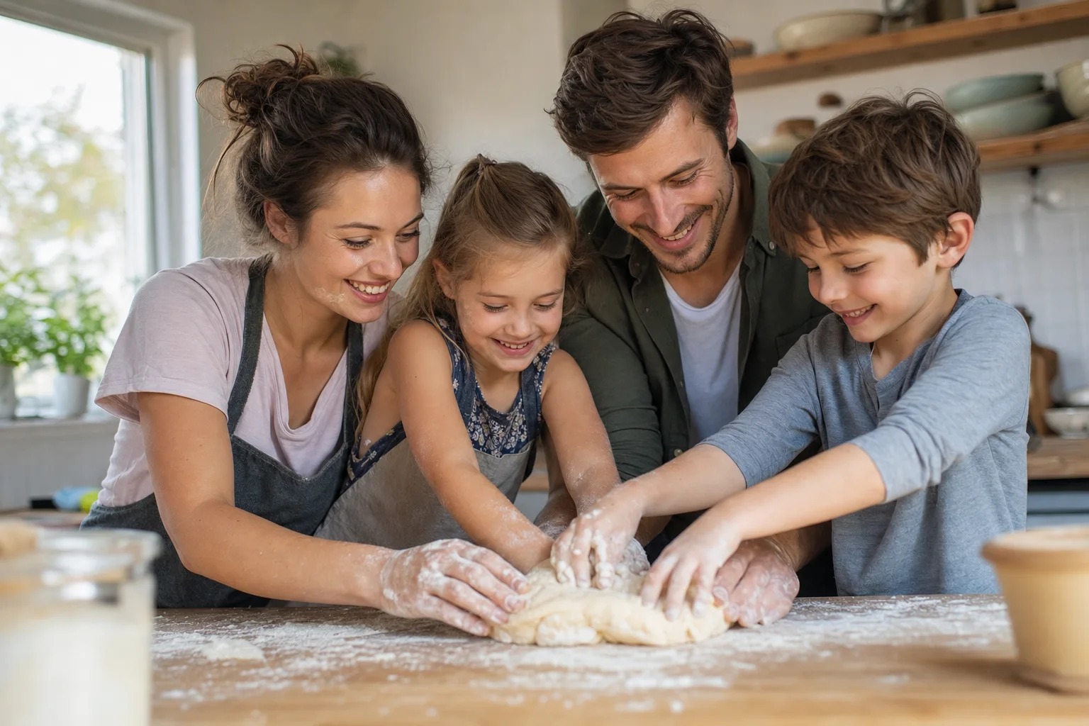Glückliche Familie backt gemeinsam in der Küche und genießt einen einfachen, herzlichen Moment