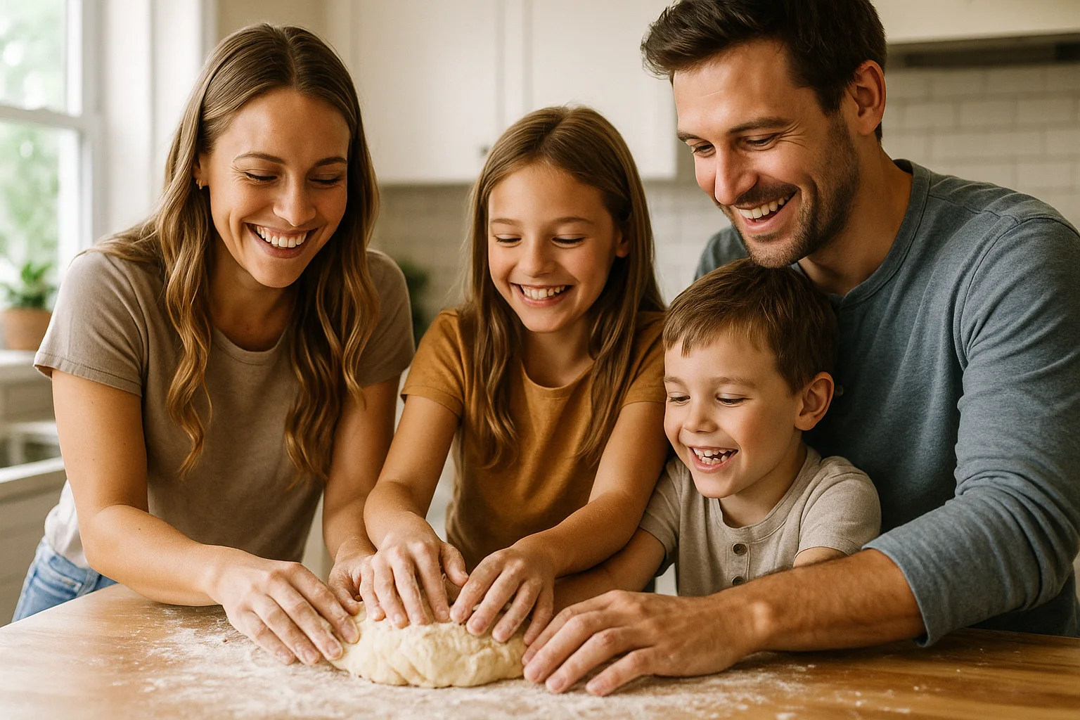 Glückliche Familie backt gemeinsam in der Küche und genießt einen einfachen, herzlichen Moment