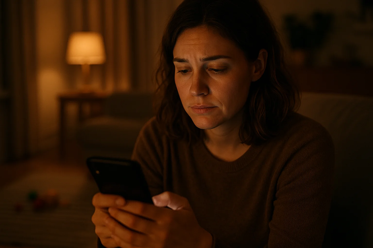 Junge Mutter blickt abends nachdenklich auf ihr Smartphone und vergleicht sich mit anderen