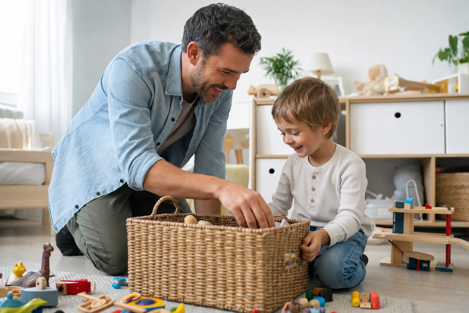 Vater und Kind räumen gemeinsam gut gelaunt auf