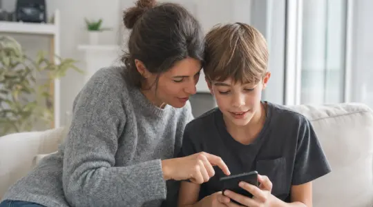 Elternteil und Kind schauen gemeinsam auf ein Smartphone und reden