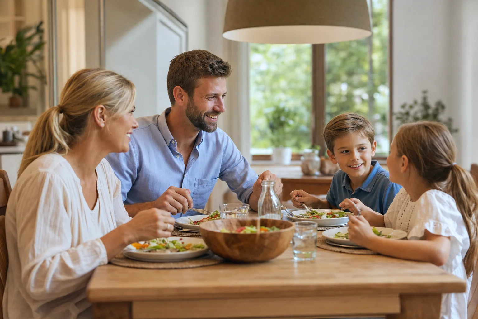Familie unterhält sich am Tisch, Handys liegen beiseite
