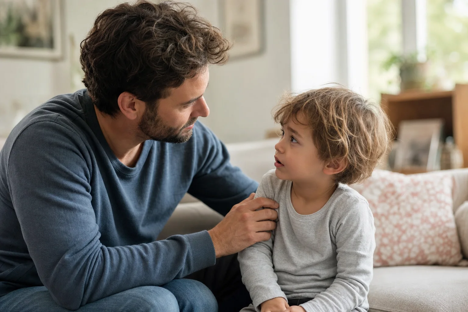 Elternteil hilft dem Kind, Gefühle in Worte zu fassen