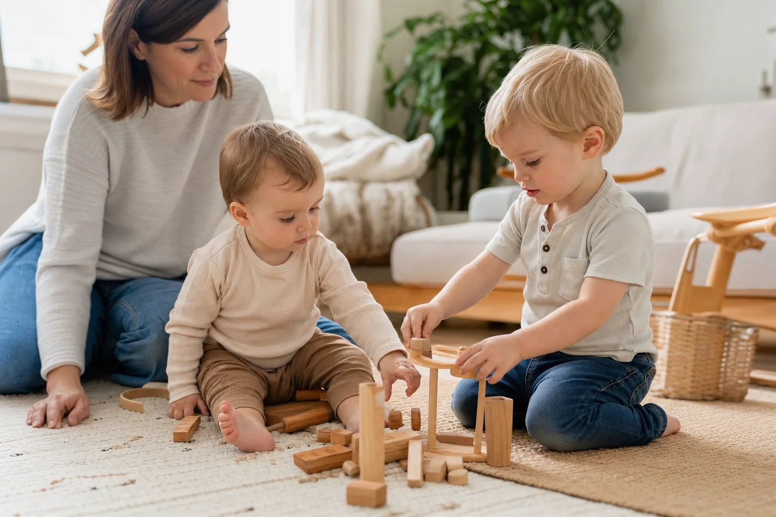 Zwei Kleinkinder spielen friedlich, Elternteil ist nah