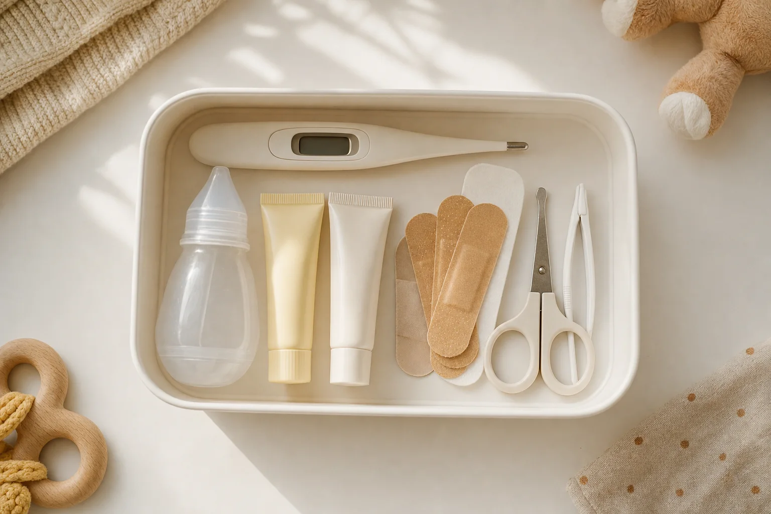 Sortierte Baby-Hausapotheke von oben