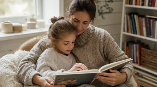Mutter und Kind in ruhiger geborgener Leseecke
