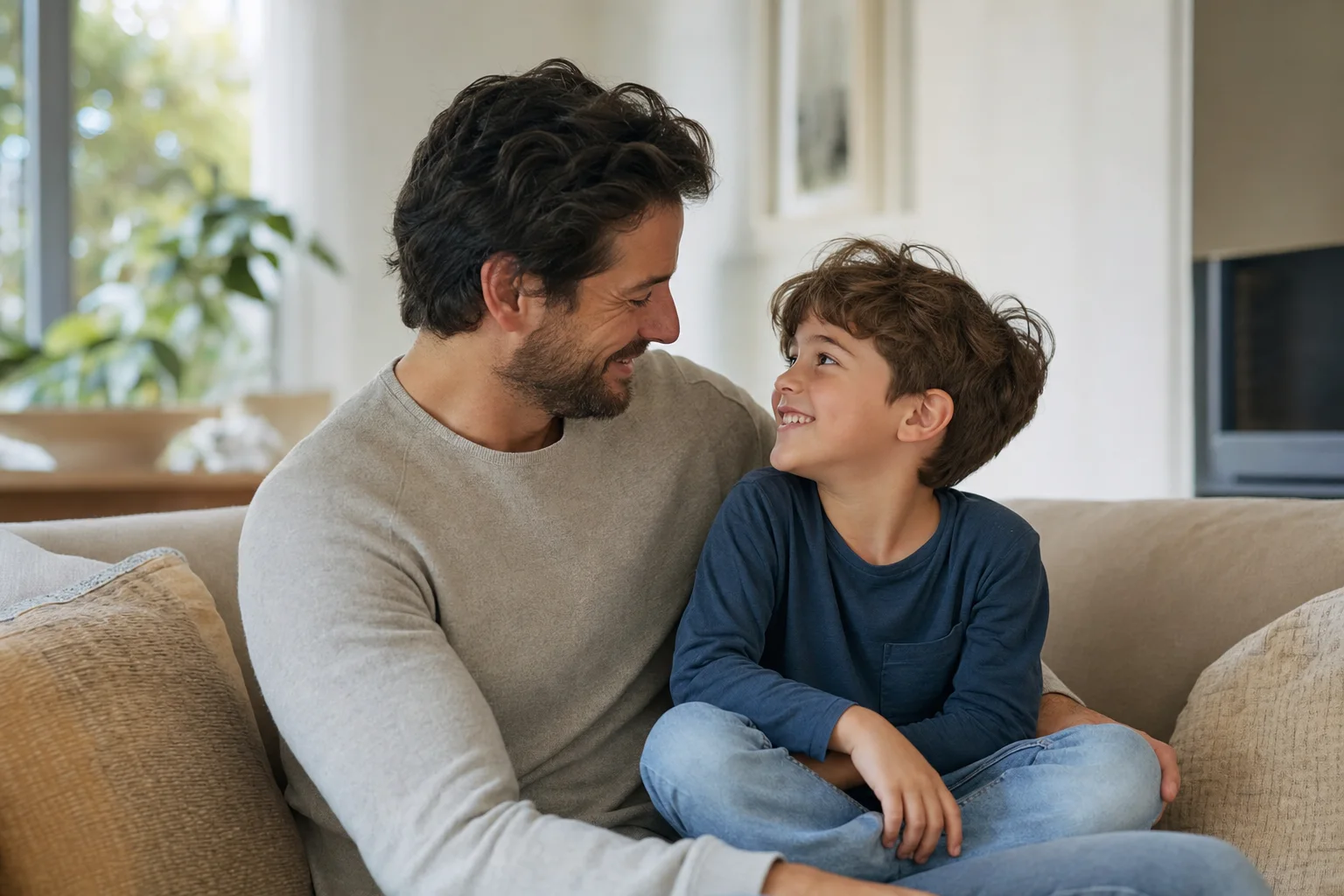 Vater und Kind lächeln sich liebevoll und verständnisvoll an