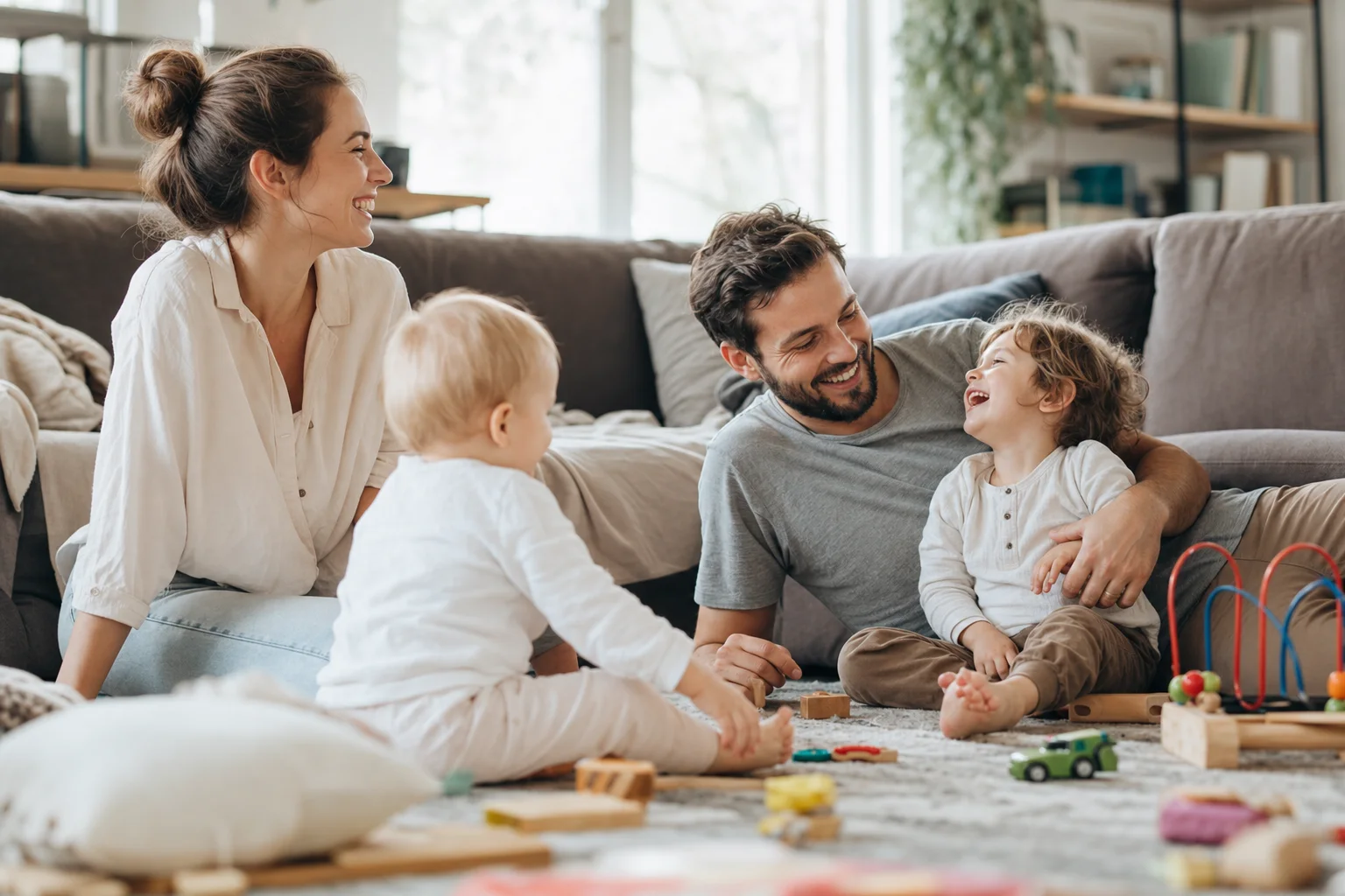 Entspannte Familie lacht gemeinsam inmitten von etwas Spielzeug-Chaos