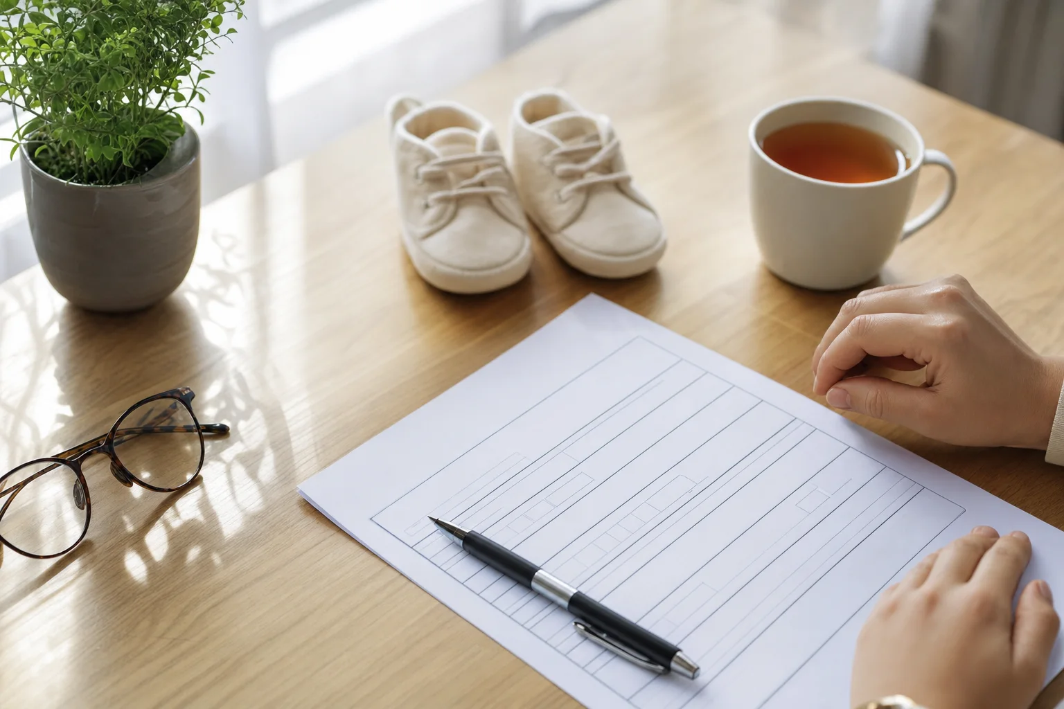 Antragsformular und Babyschuhe auf einem Schreibtisch
