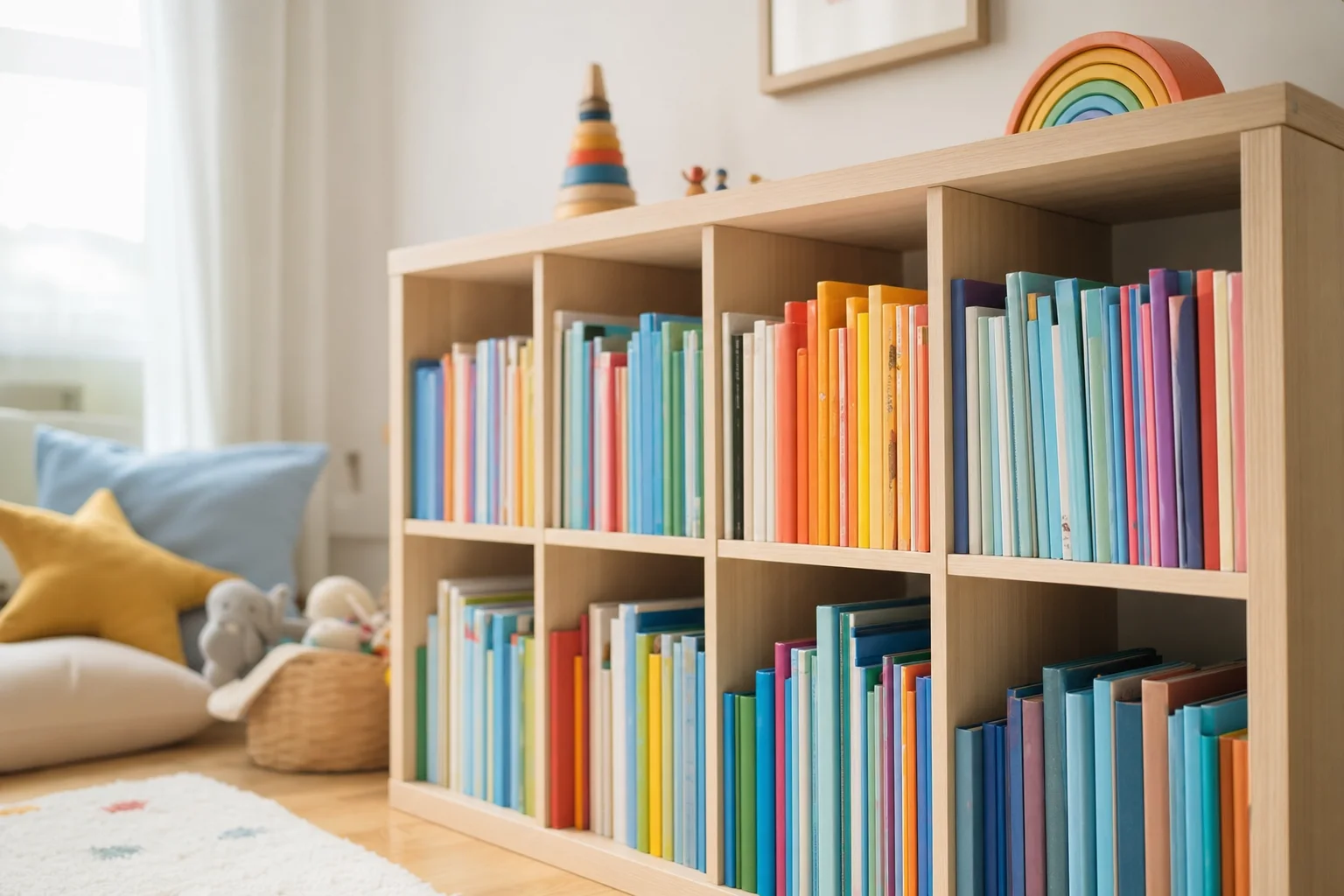 Ordentliches Kinderzimmer-Bücherregal mit sortierten Kinderbüchern