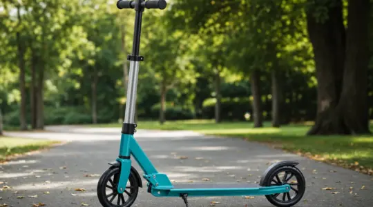 Hochwertiger Kinderroller mit zwei Rädern auf einem Weg im Park
