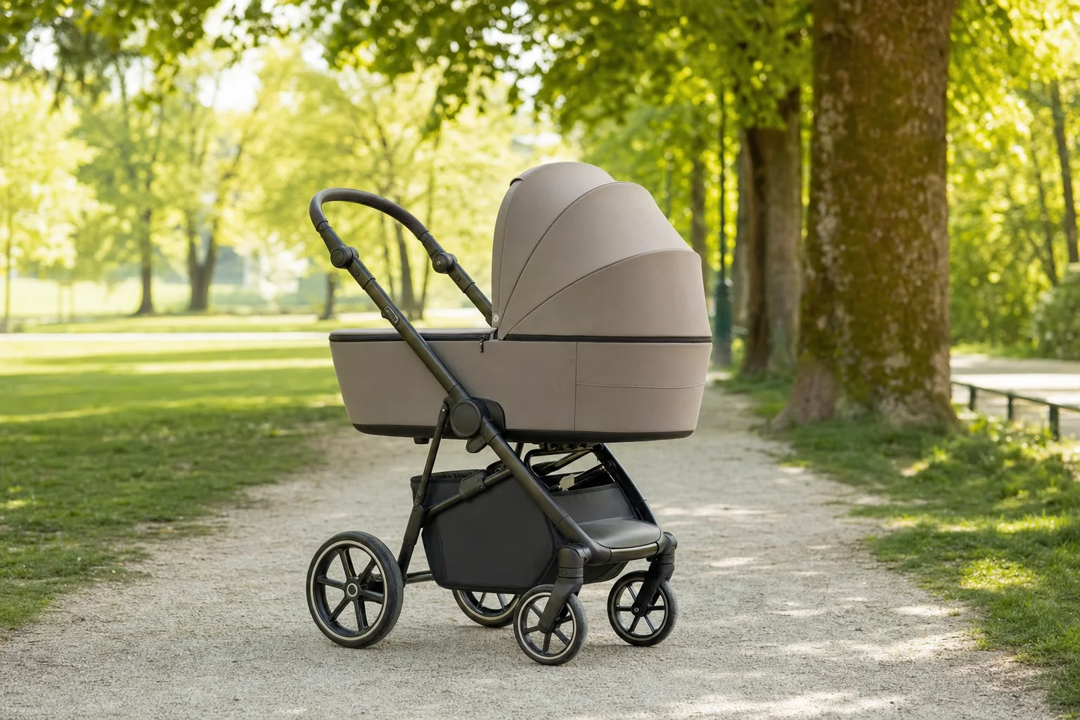 Moderner Kombikinderwagen mit Babywanne im Park
