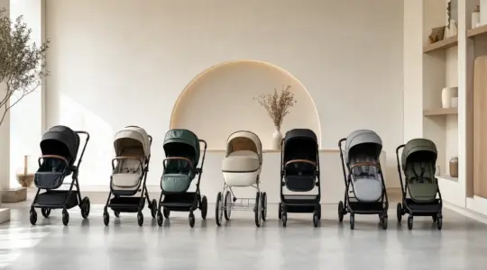 Verschiedene Kinderwagen-Modelle im Showroom