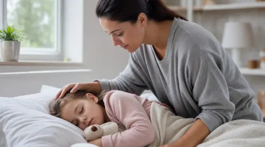 Elternteil kümmert sich gelassen zu Hause um ein ruhendes Kind