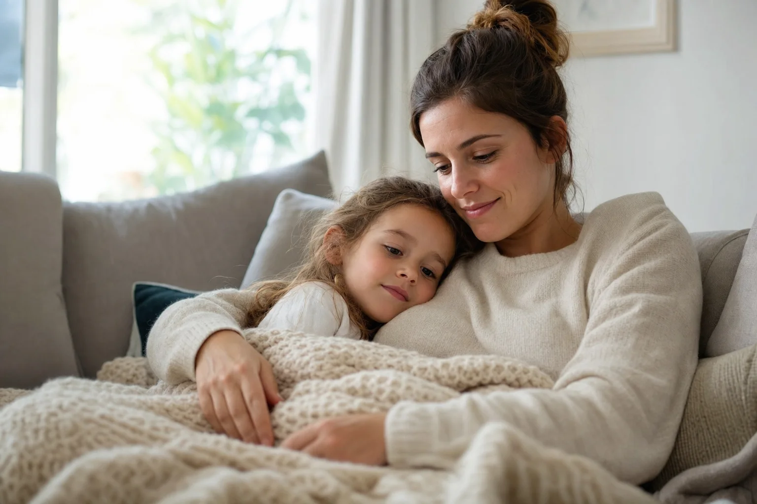 Elternteil und Kind verbringen gemütliche Zeit auf dem Sofa