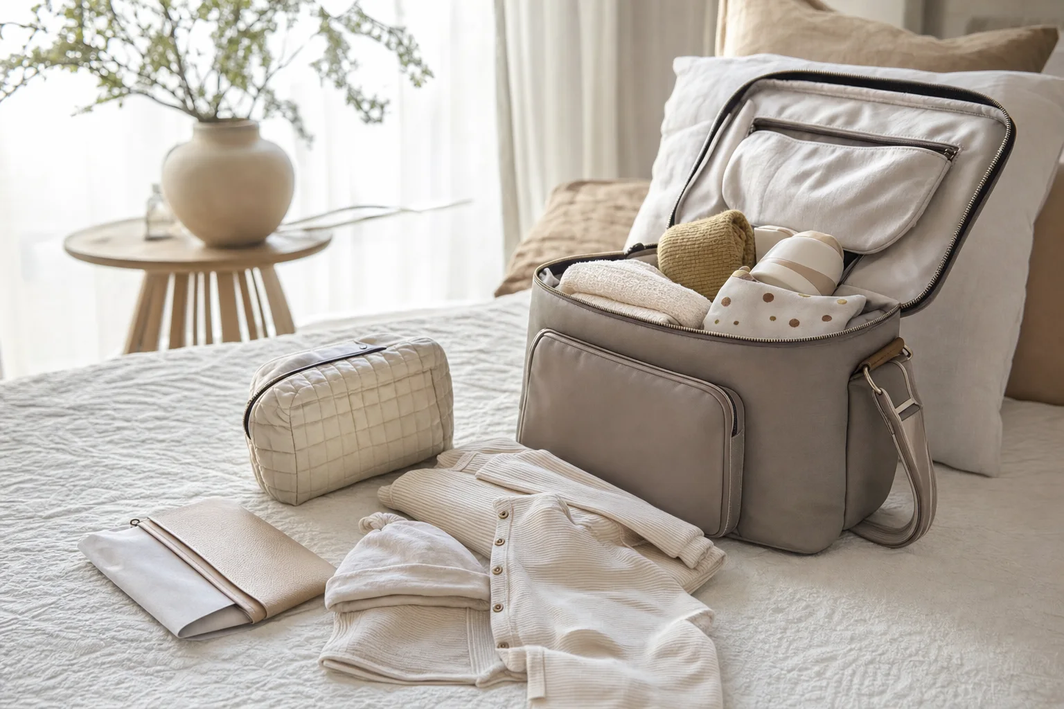 Gepackte Kliniktasche mit Babyoutfit und Dokumenten