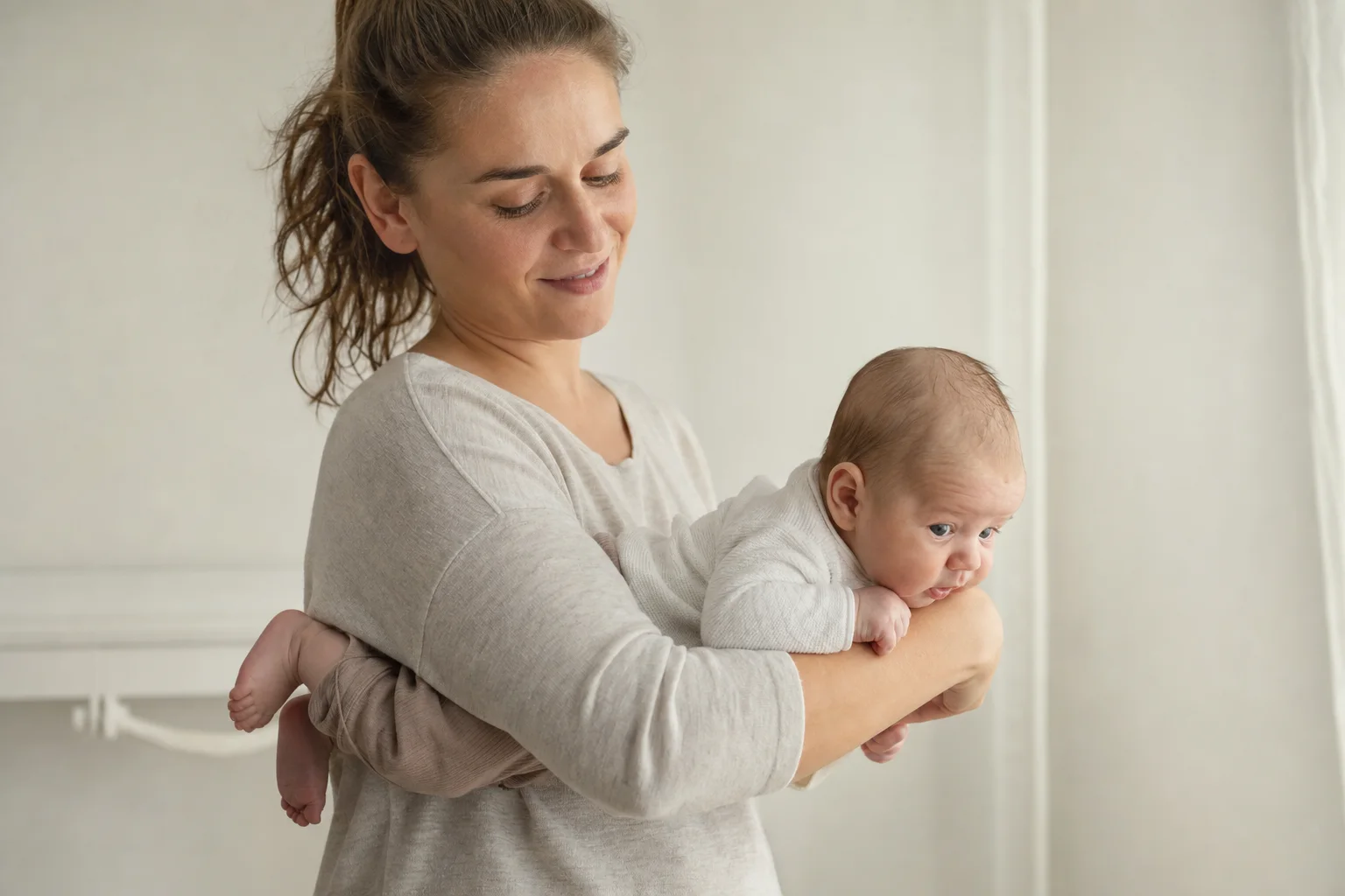 Elternteil trägt ein Baby sanft im Fliegergriff