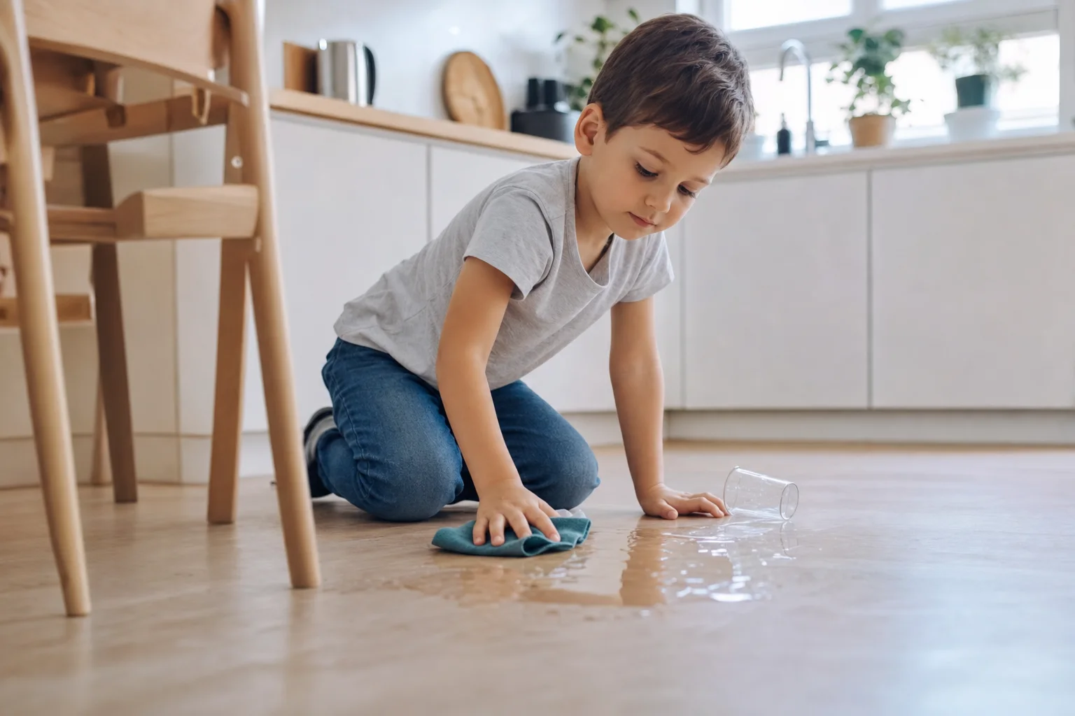 Kind wischt einsichtig verschüttetes Wasser auf