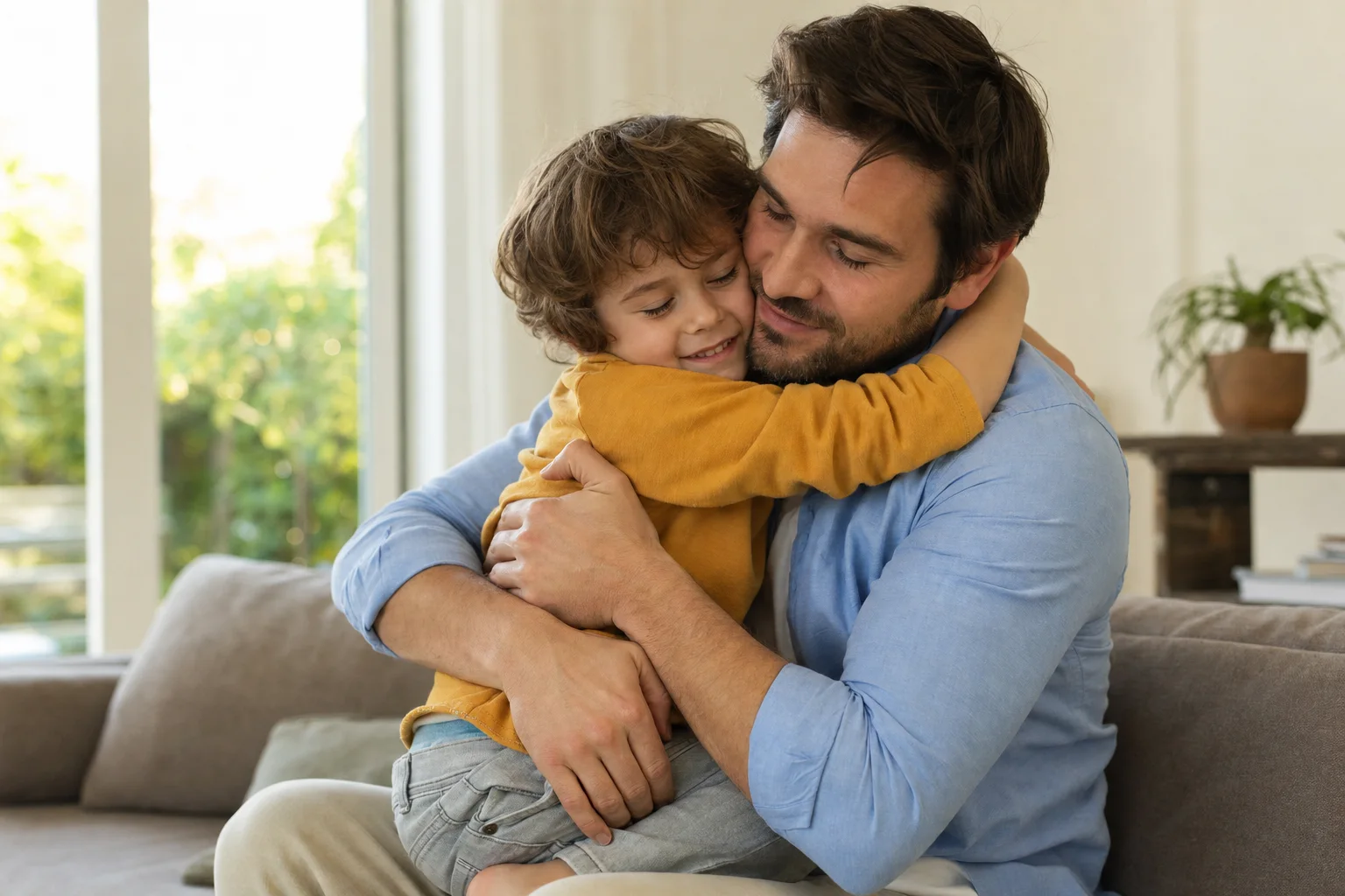Vater und Kind versöhnen sich mit einer Umarmung
