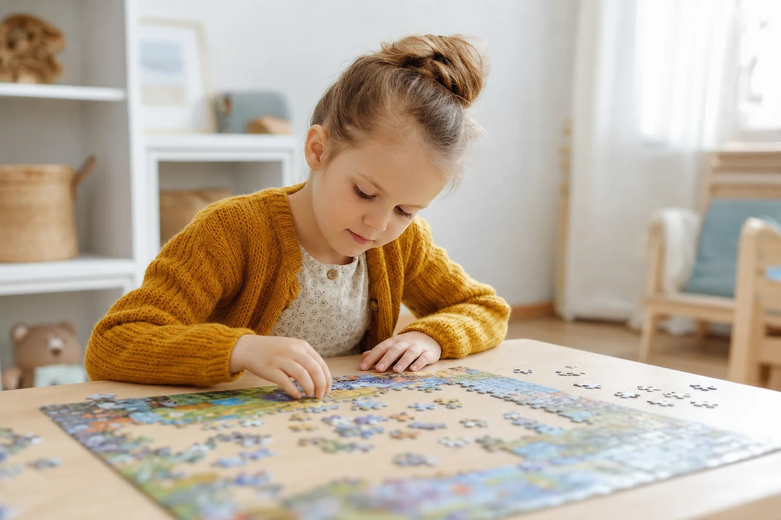 Kind spielt vertieft ein Puzzle