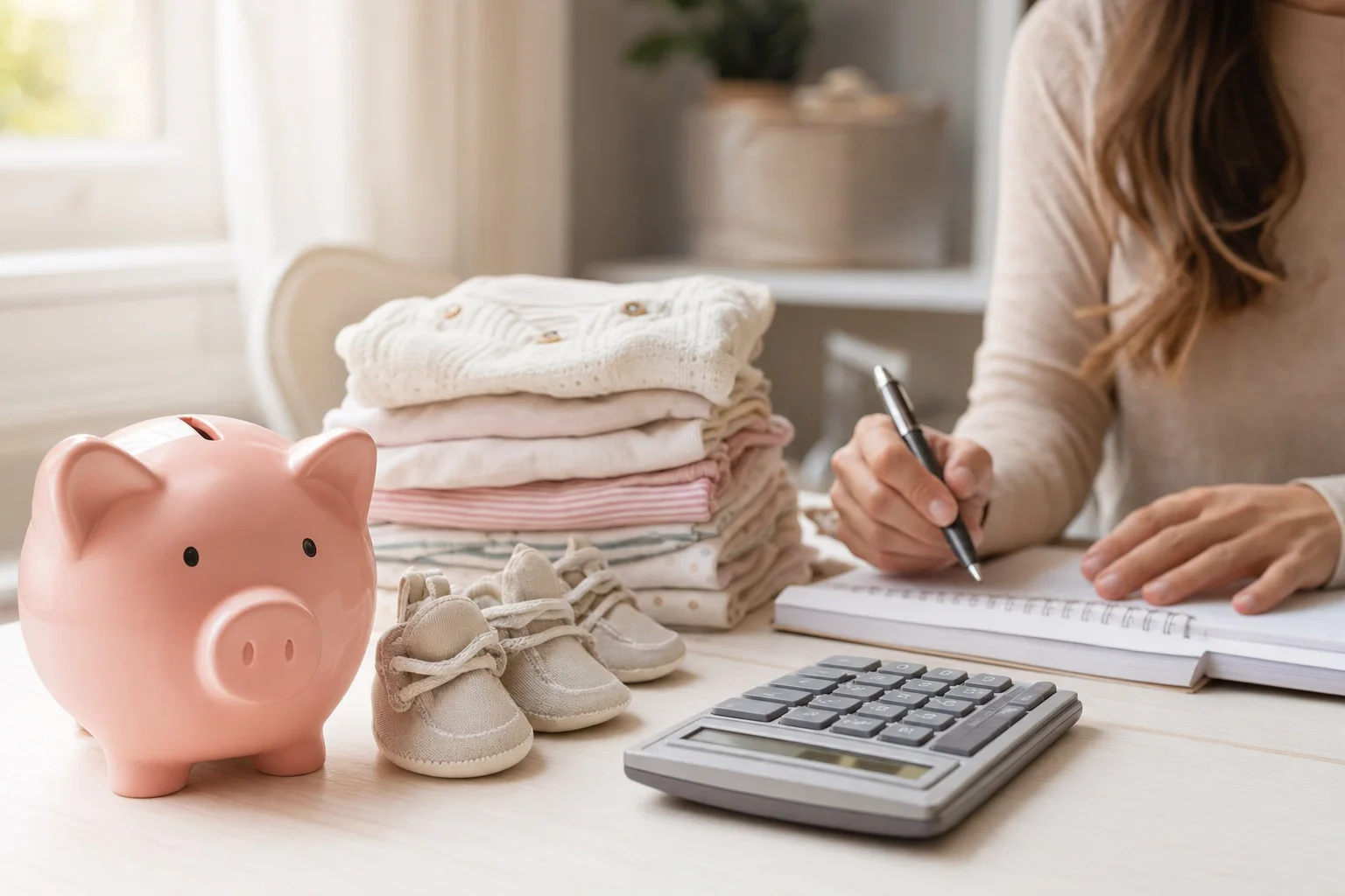 Sparschwein neben Babysachen und Taschenrechner