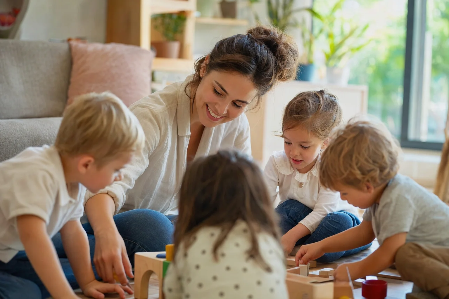 Kleine Gruppe Kinder spielt familiär mit einer Betreuerin