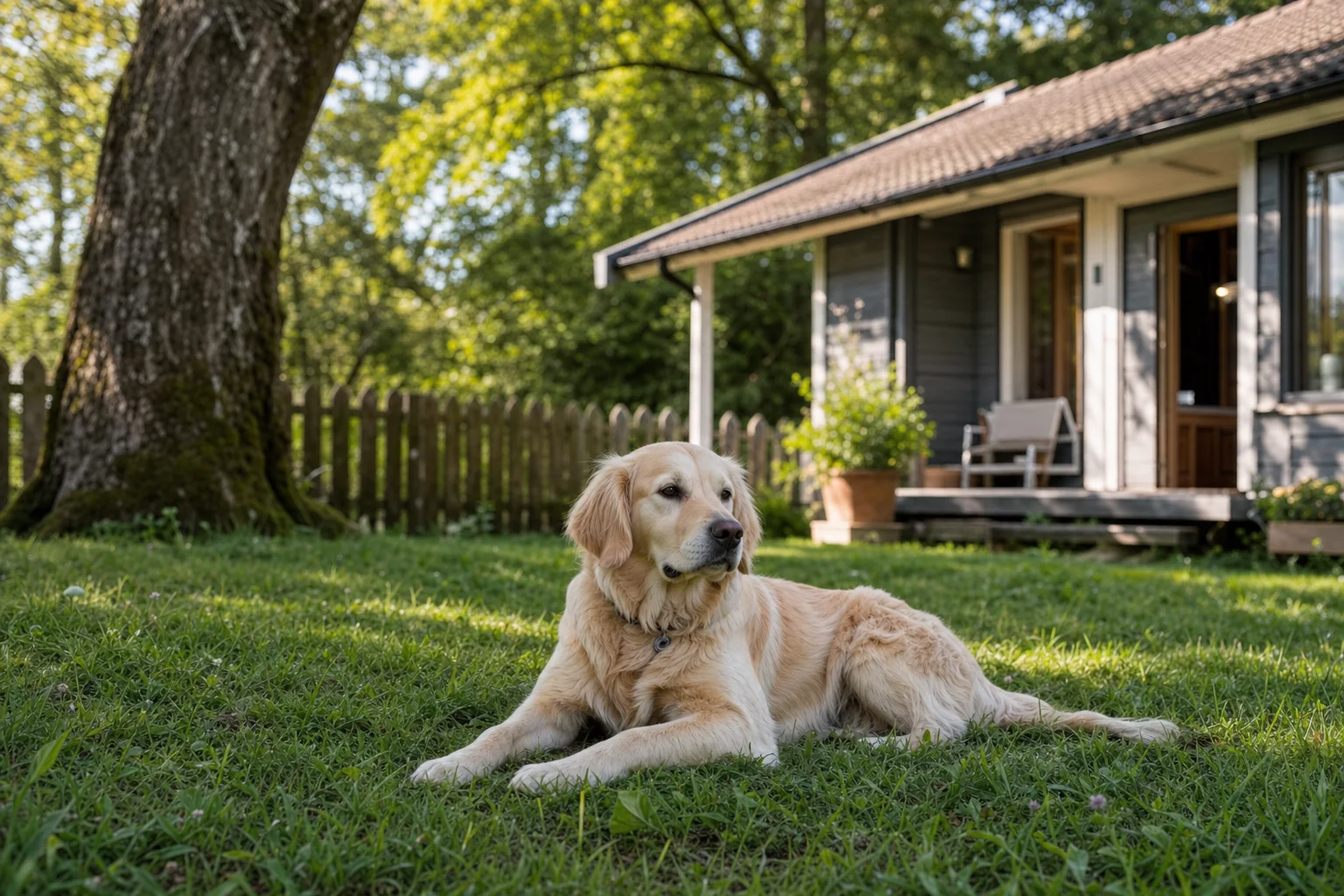 Hund im Garten eines Ferienhauses