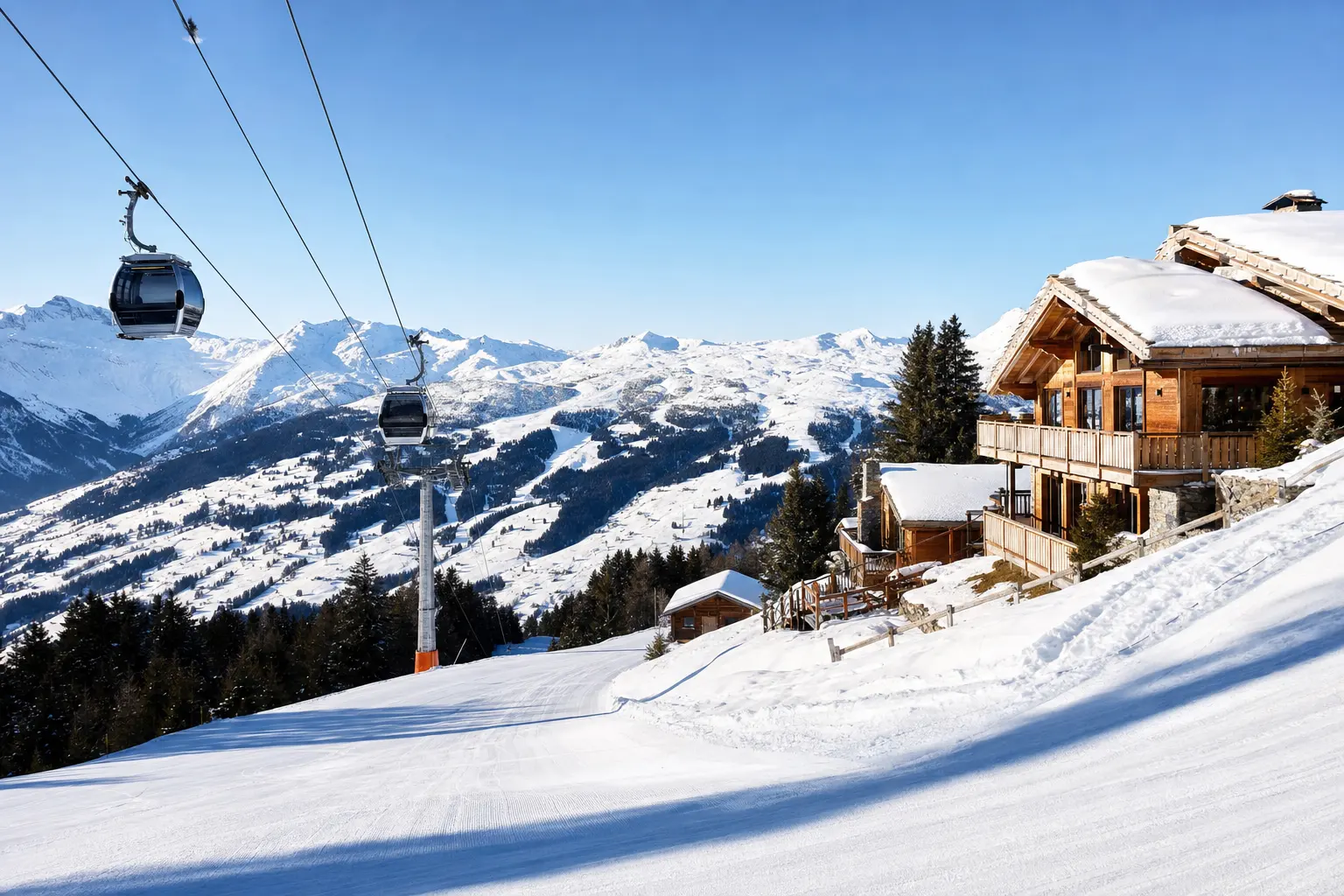 Skipiste mit Chalets in den Alpen