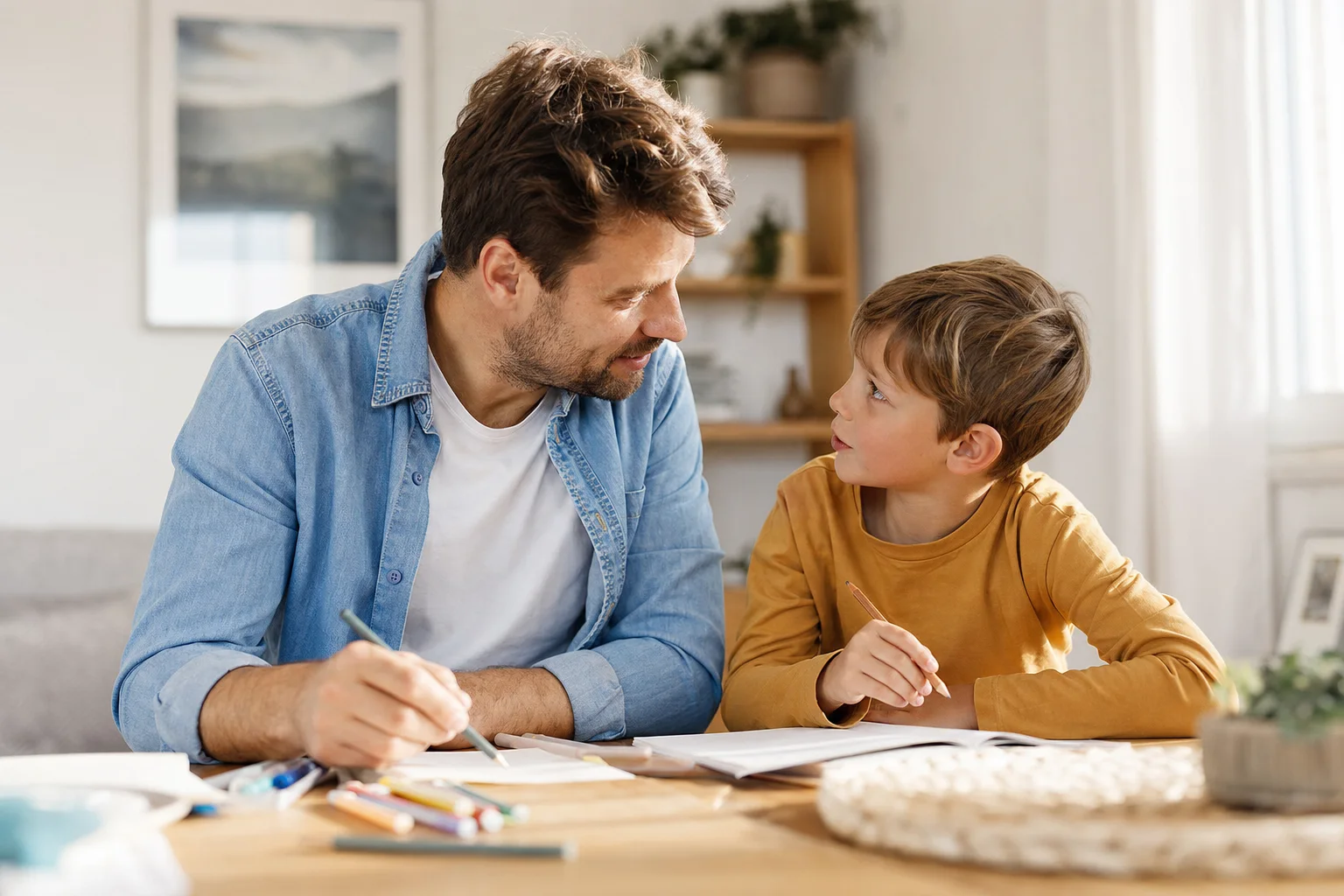 Elternteil und Kind entdecken gemeinsam ein Thema
