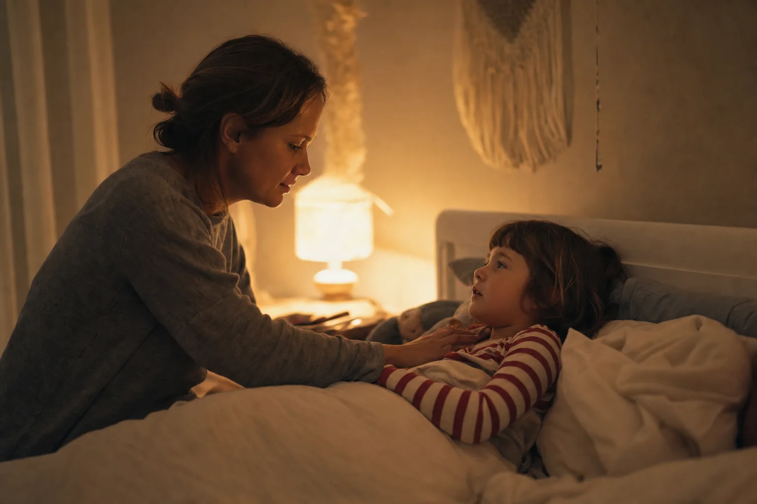 Elternteil spricht abends beruhigend am Kinderbett
