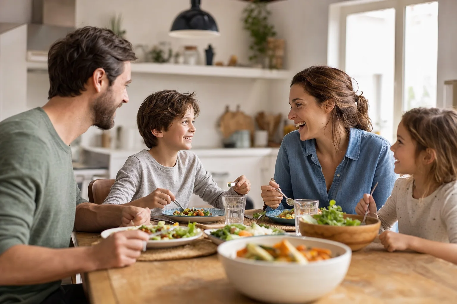 Familie unterhält sich lebhaft beim gemeinsamen Essen