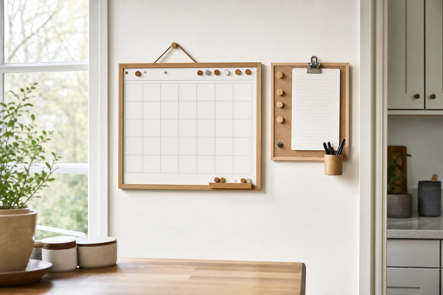 Familienkalender und Aufgabenliste an der Küchenwand