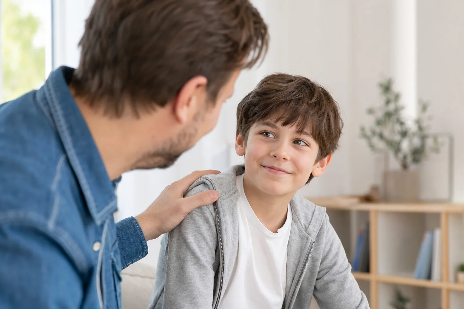 Gestärktes Kind, Elternteil legt ermutigend die Hand auf die Schulter