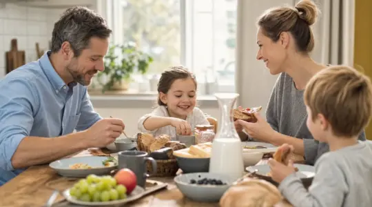 Entspannte Familie frühstückt gemeinsam am Morgen