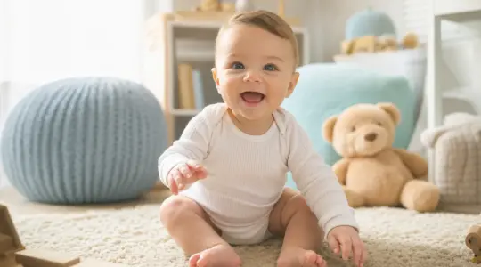 Fröhliches Baby übt stolz eine neue Fähigkeit