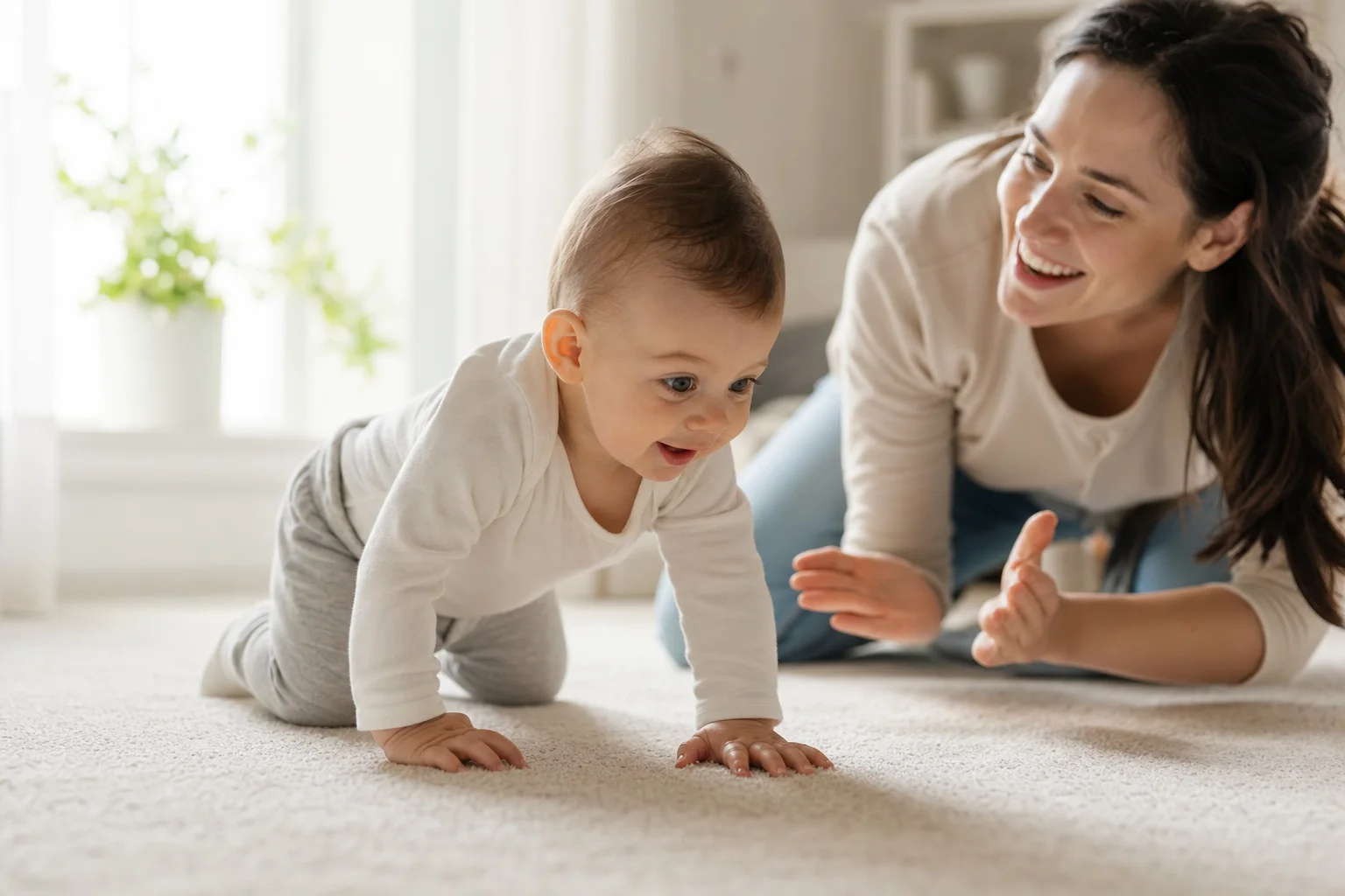 Elternteil ermutigt liebevoll das übende Baby