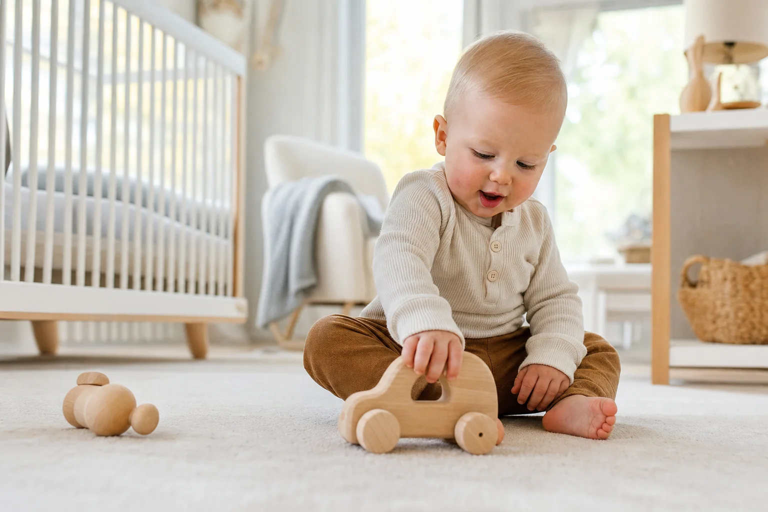 Baby spielt zufrieden und neugierig mit Spielzeug
