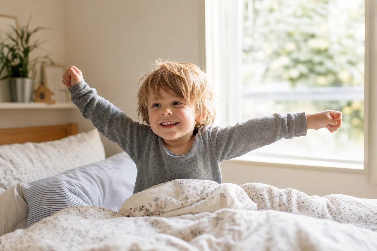 Ausgeruhtes Kind wacht morgens gut gelaunt auf