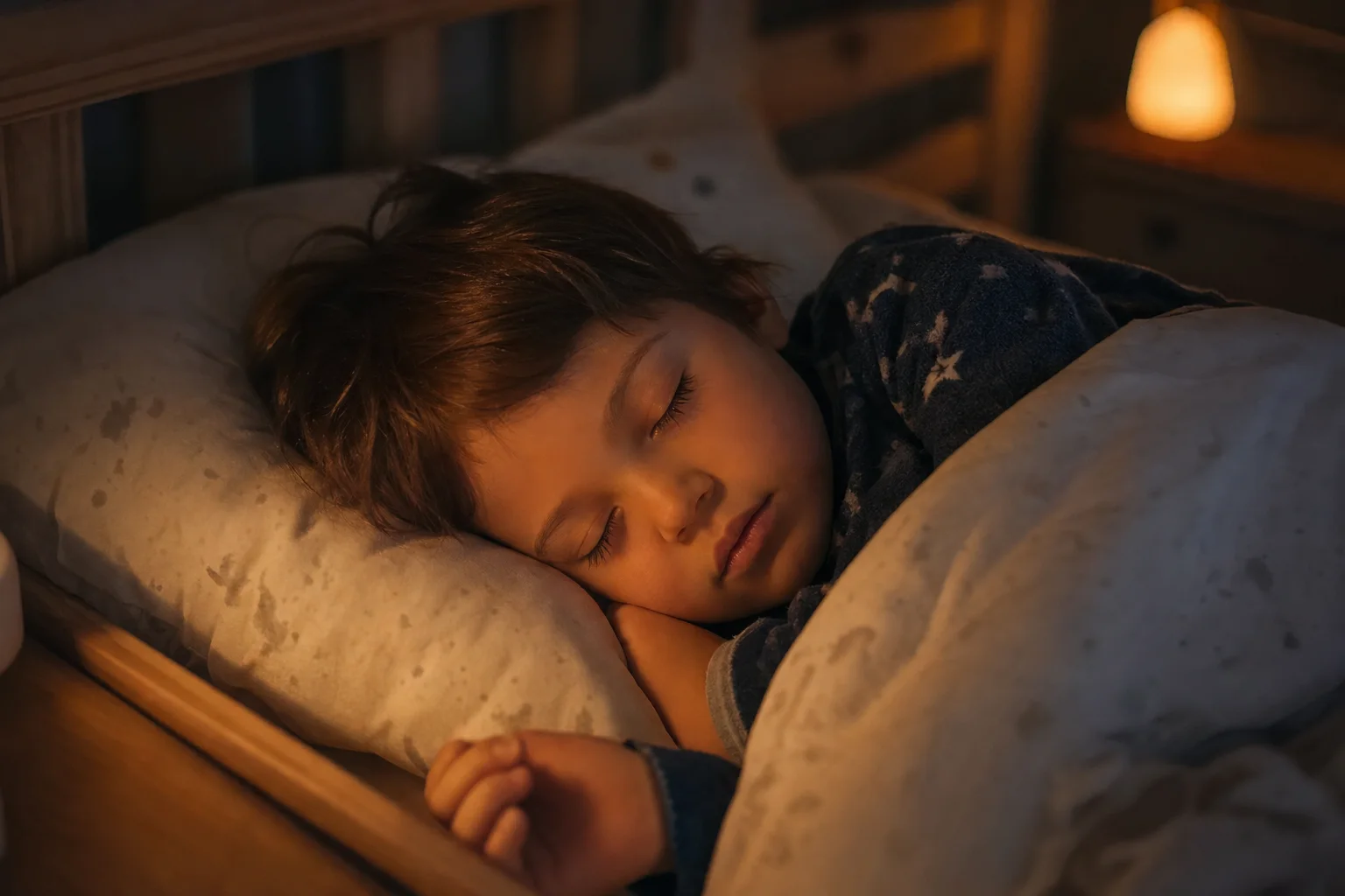 Kind schläft friedlich und tief in seinem Bett