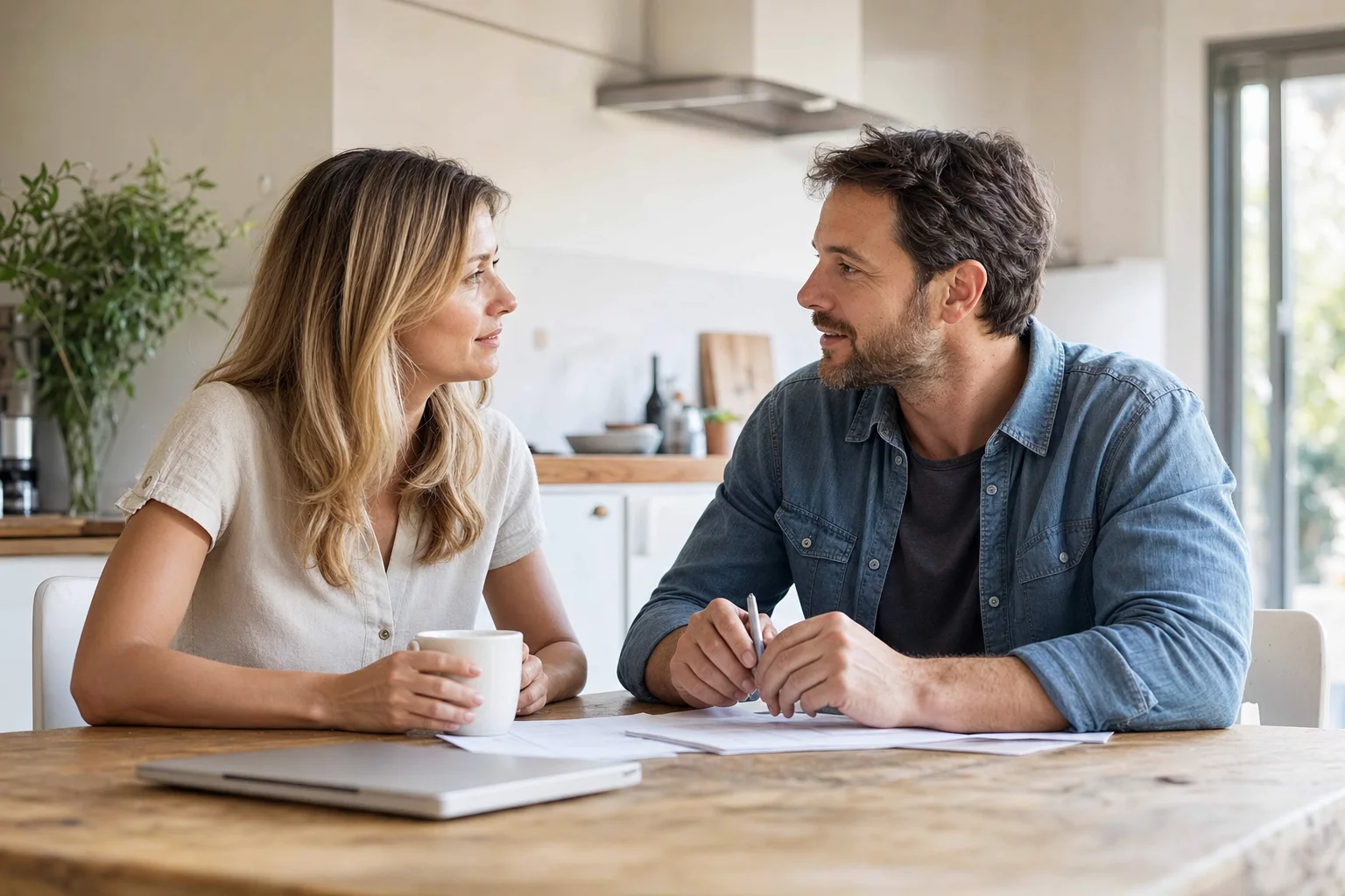 Eltern besprechen partnerschaftlich etwas am Tisch