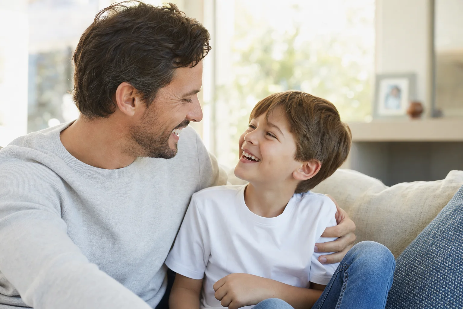 Elternteil und Kind lachen gemeinsam entspannt