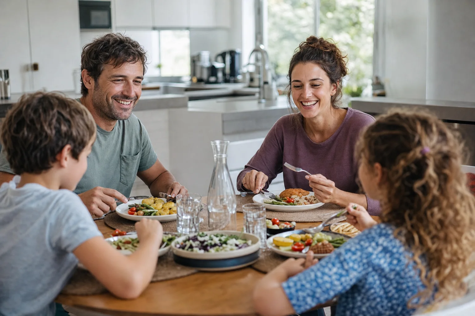Familie isst gemeinsam und entspannt am Tisch