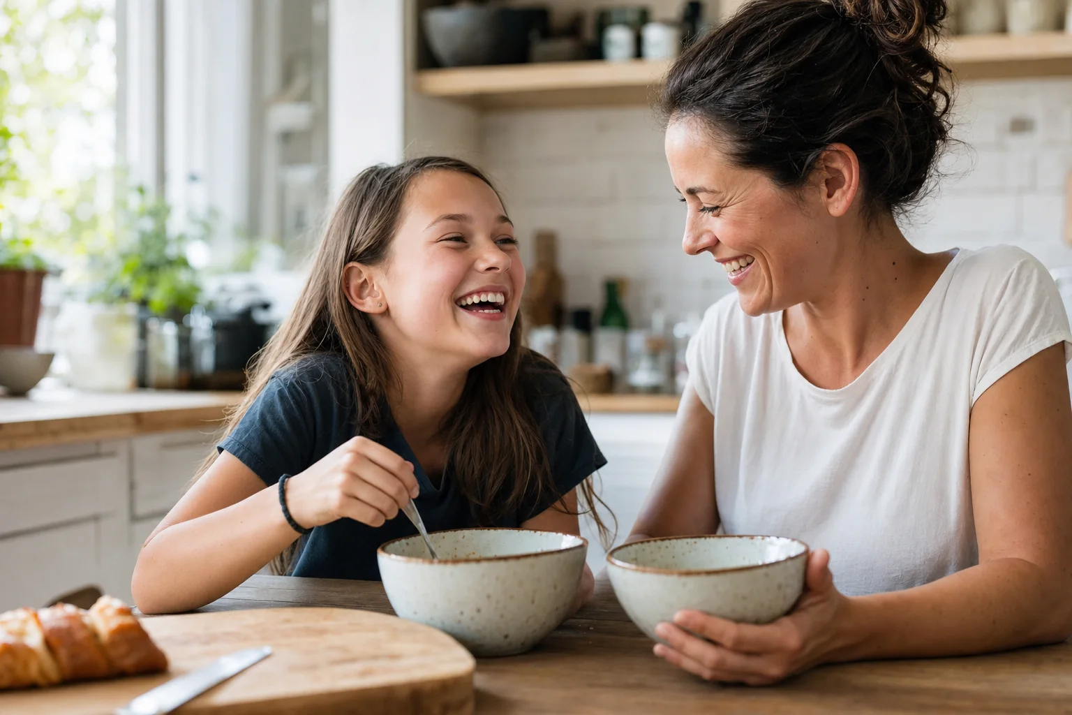 Elternteil und älteres Kind lachen gemeinsam