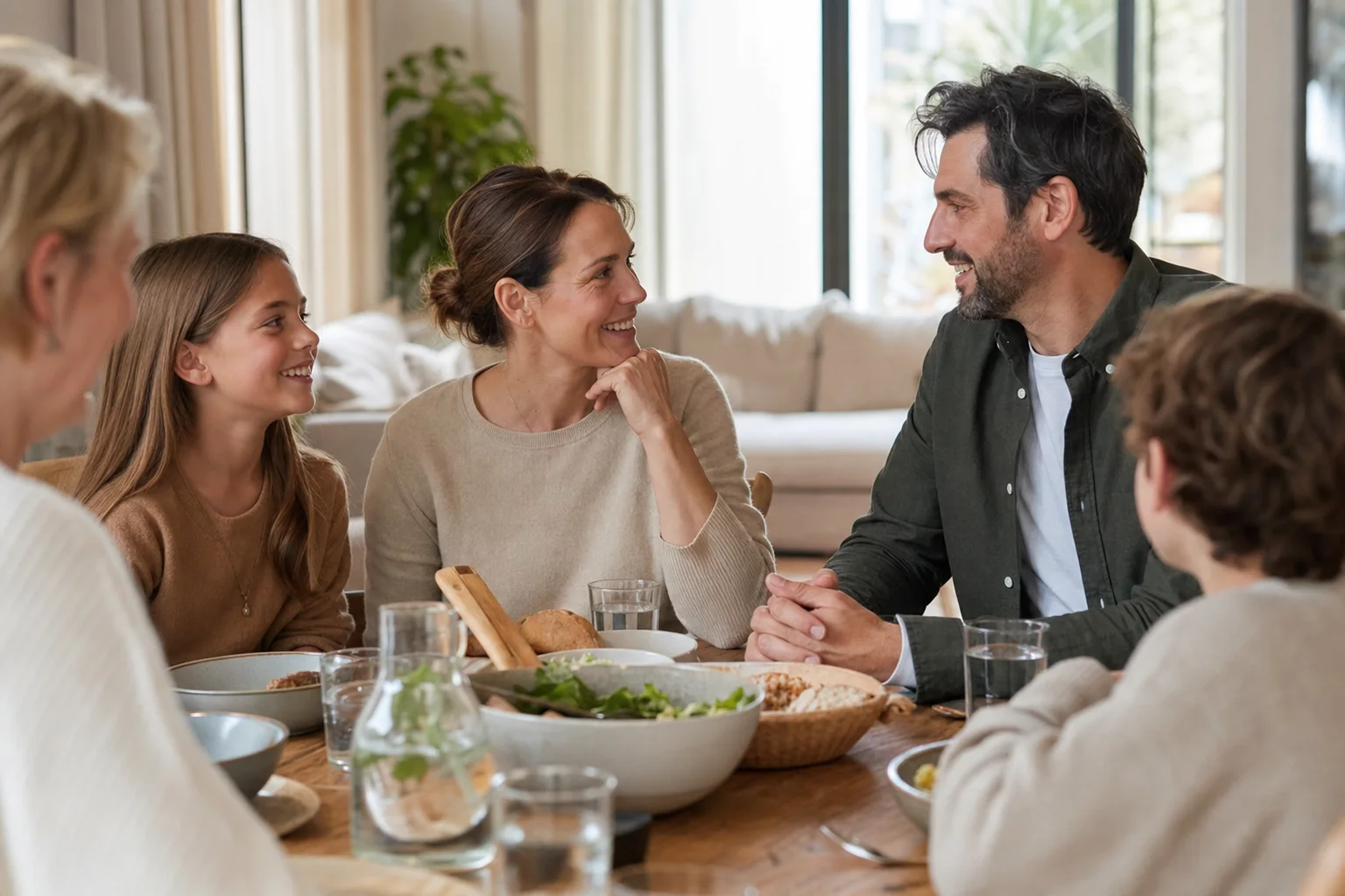 Familie sitzt zusammen und spricht freundlich miteinander
