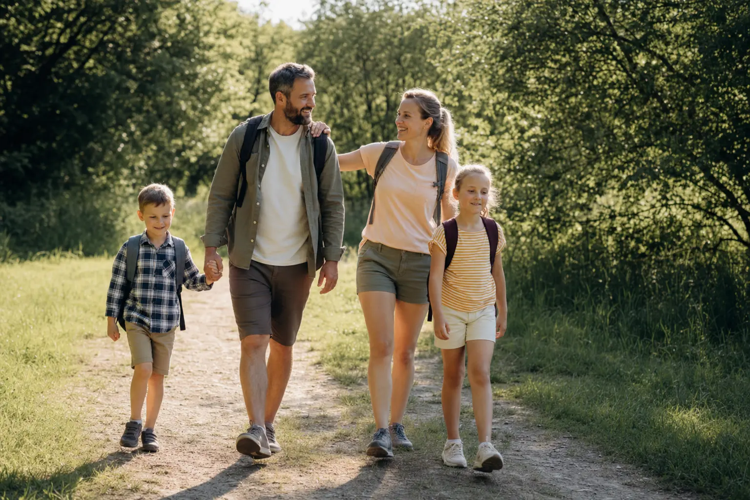 Familie macht einen fröhlichen gemeinsamen Spaziergang