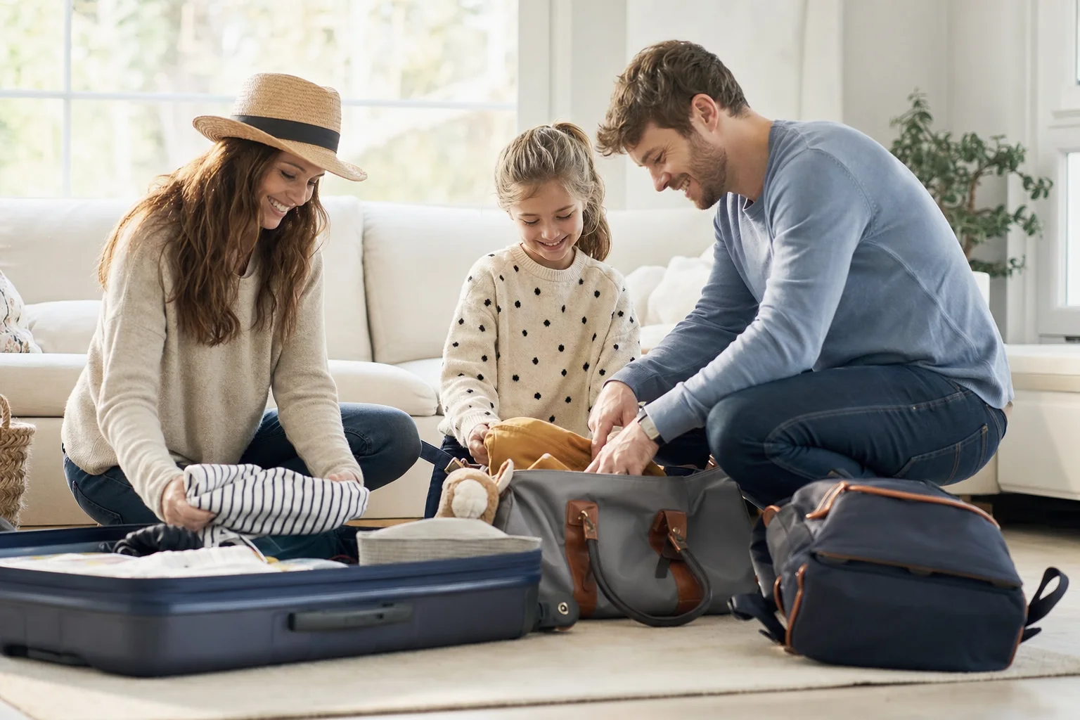 Familie packt gemeinsam gut gelaunt die Koffer