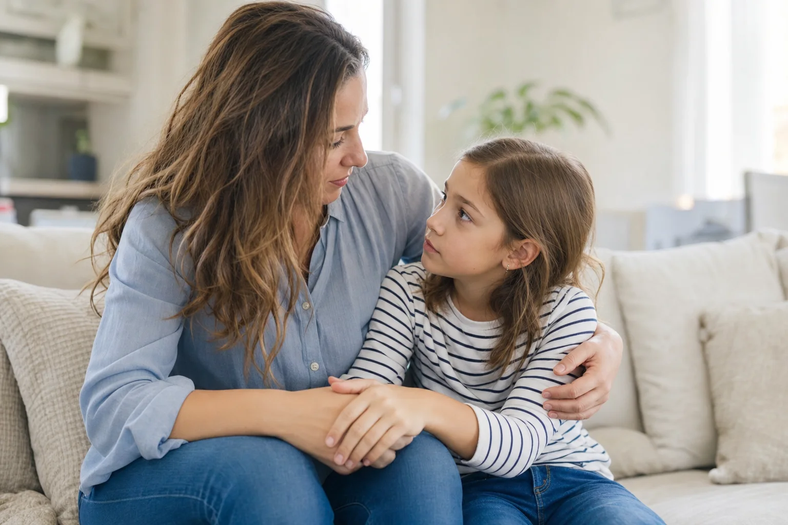 Mutter tröstet und ermutigt ihr Kind liebevoll