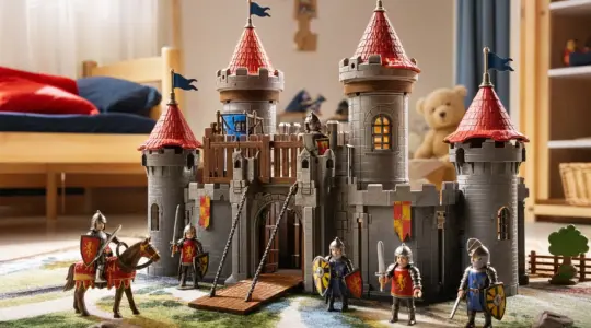 Spielzeug-Ritterburg für Kinder mit Türmen, Zugbrücke und Ritterfiguren
