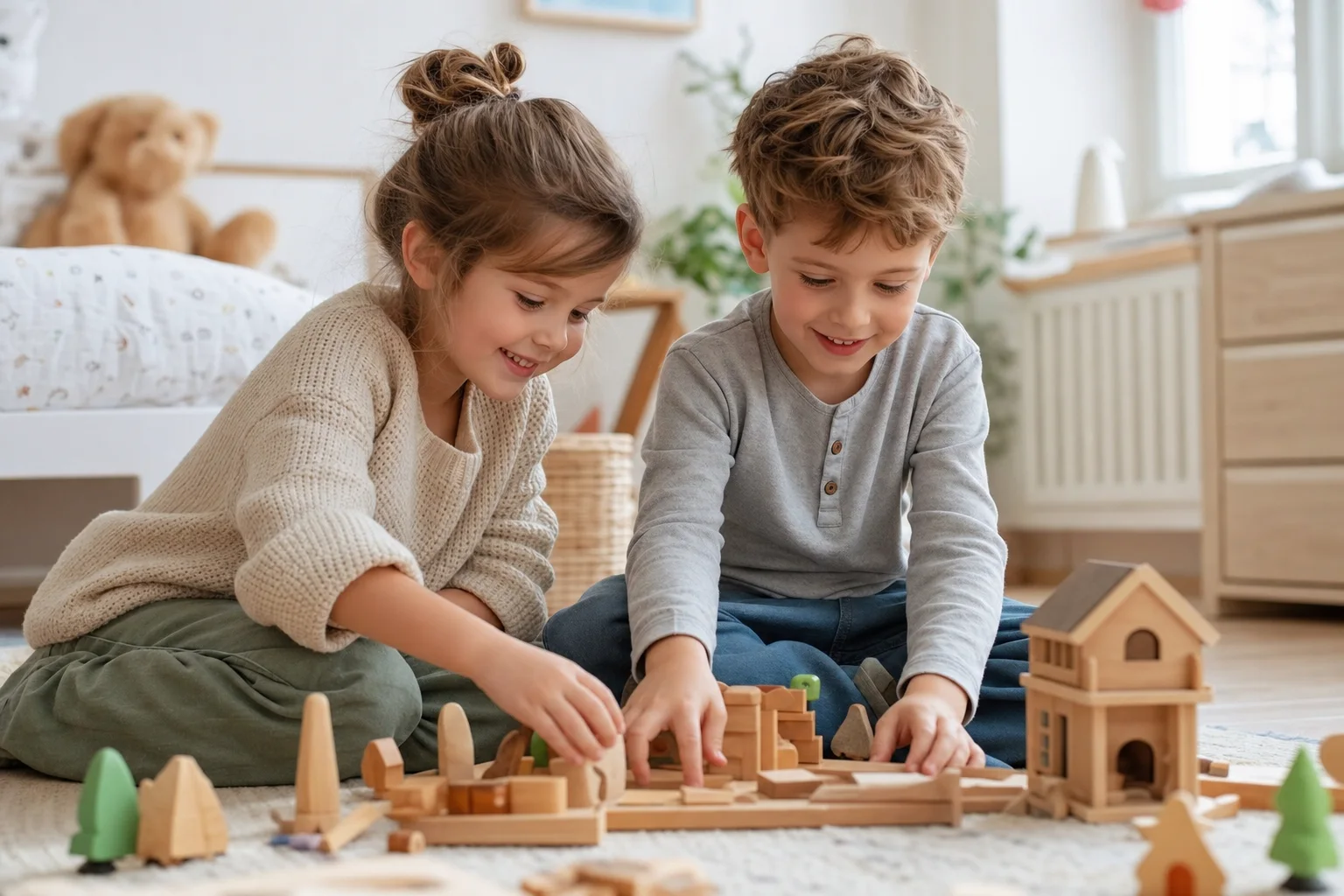 Zwei Geschwister spielen friedlich und kooperativ zusammen
